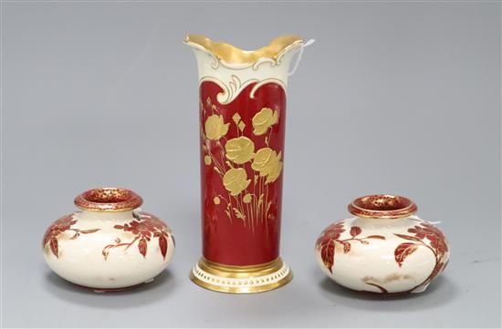 A pair of Doulton Burslem Artware squat vases, dated 1884 and a Royal Doulton Art Nouveau bone china vase, H. 6 and 16.5cm (3)